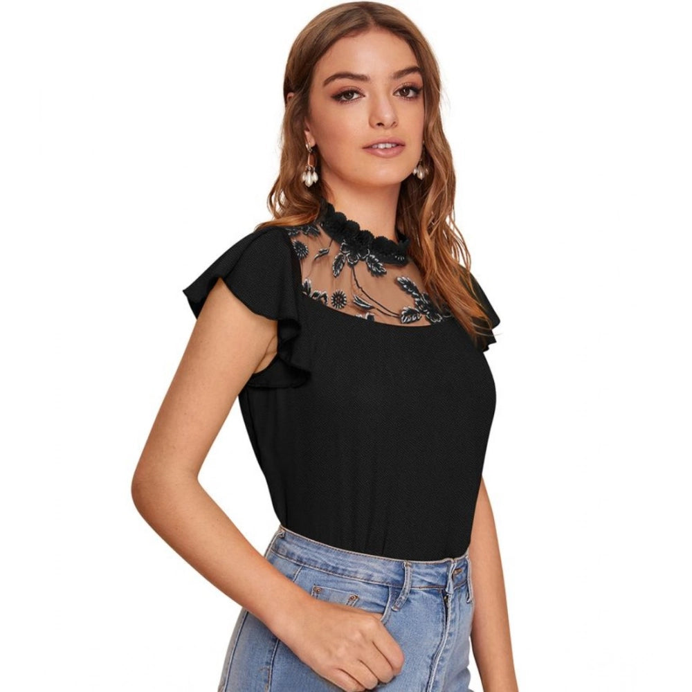 Clothiq Generic Polyester Solid Cap Sleeve Sweetheart Neck Top (Black)