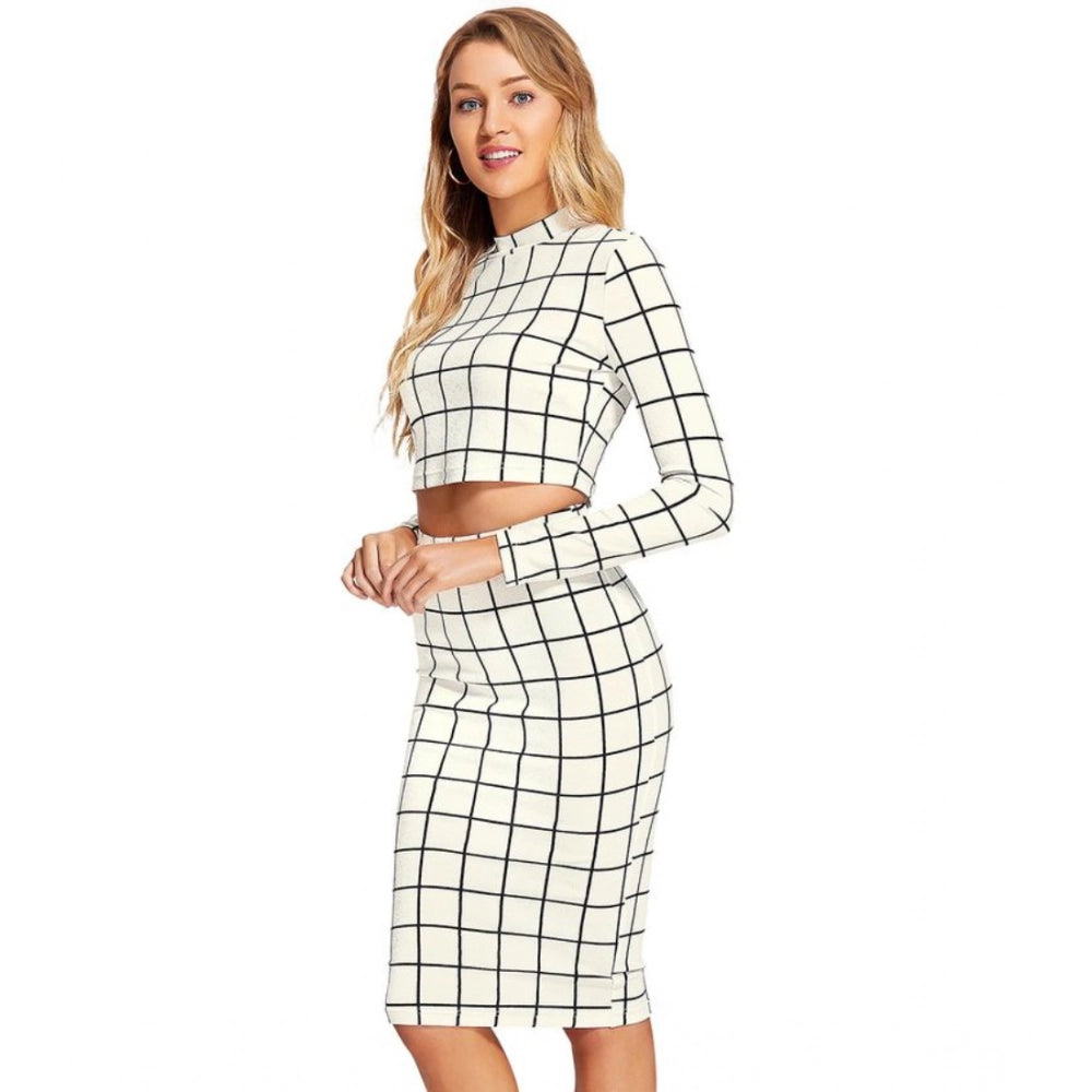 Clothiq Generic Polyester Checkered Full Sleeves Stand Collar Crop Top Skirt Set (White)