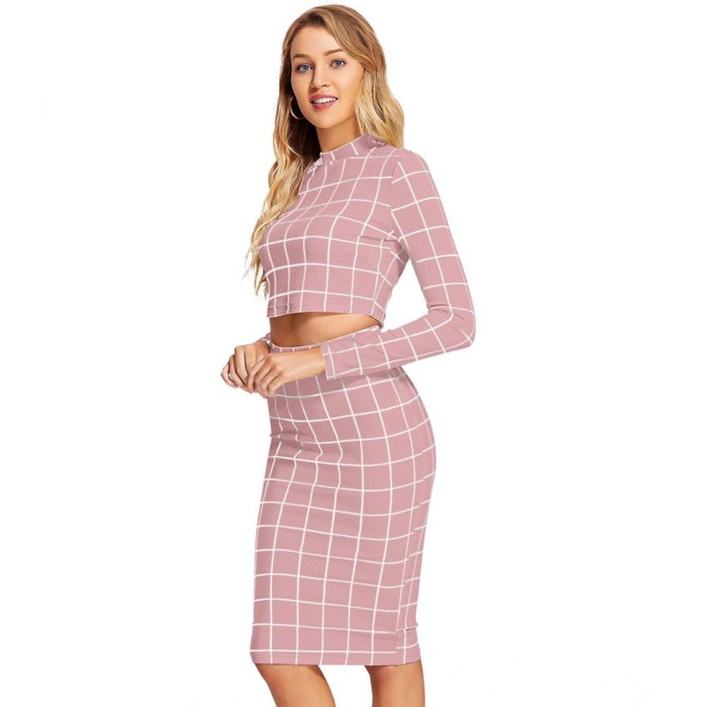 Clothiq Generic Polyester Checkered Full Sleeves Stand Collar Crop Top Skirt Set (Pink)