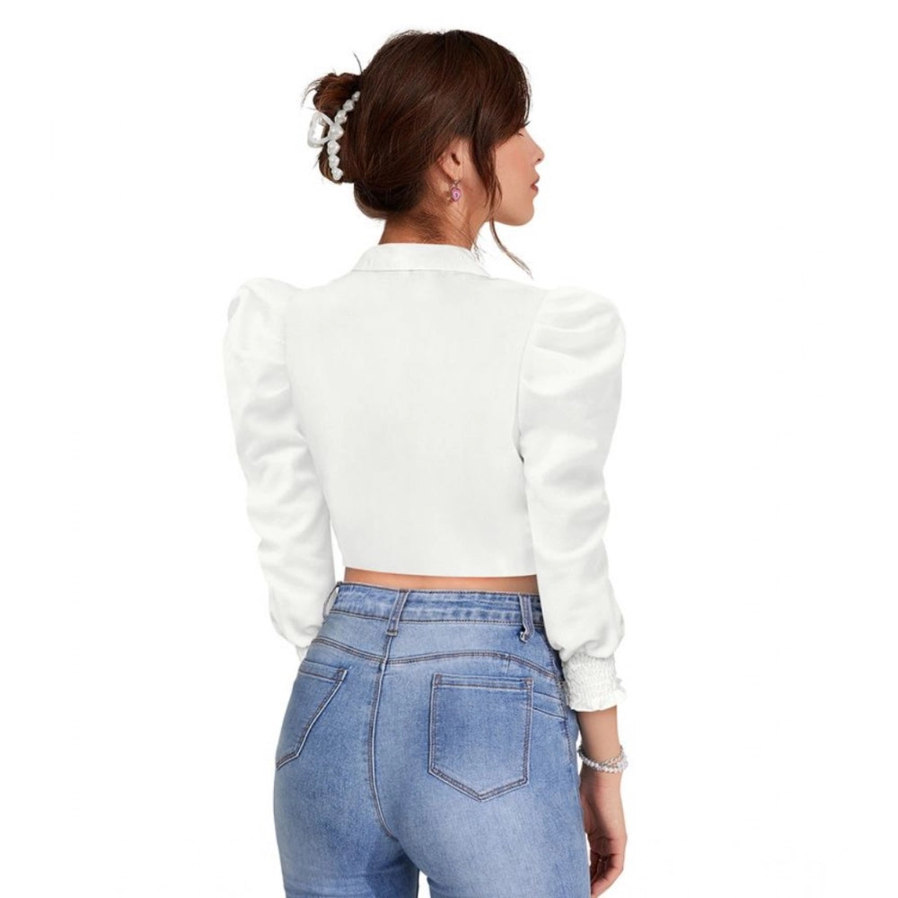 Clothiq Generic Polyester Solid Puff Sleeves Lapel Collar Top (White)
