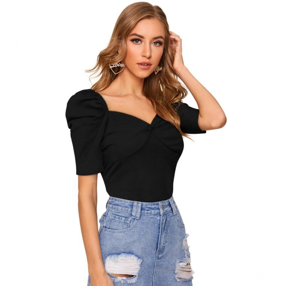 Clothiq Generic Polyester Solid Puff Short Sleeves Sweetheart Neck Top (Black)