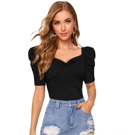 Clothiq Generic Polyester Solid Puff Short Sleeves Sweetheart Neck Top (Black)