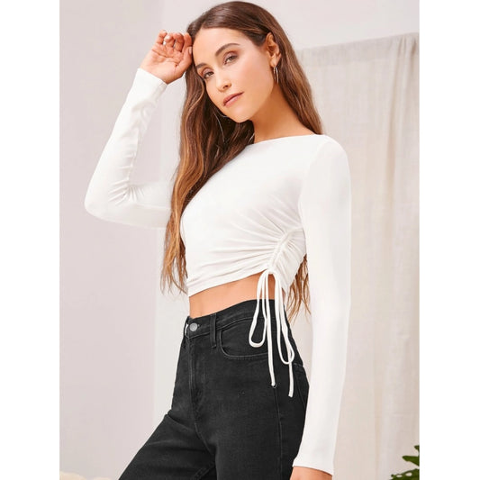 Clothiq Generic Polyester Solid Round Neck Full Sleeve Top (White)