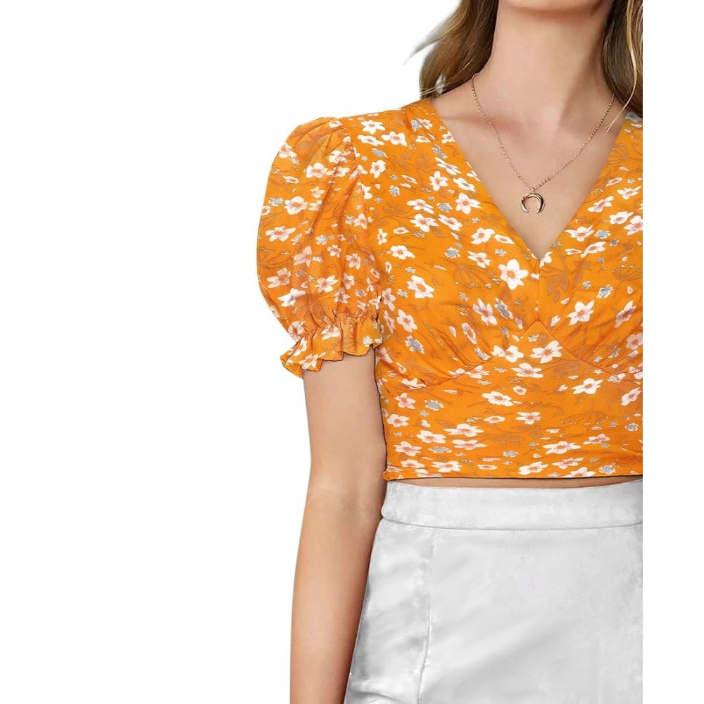 Clothiq Generic Knitting Printed V-Neck Puff Sleeve Tops (Yellow)