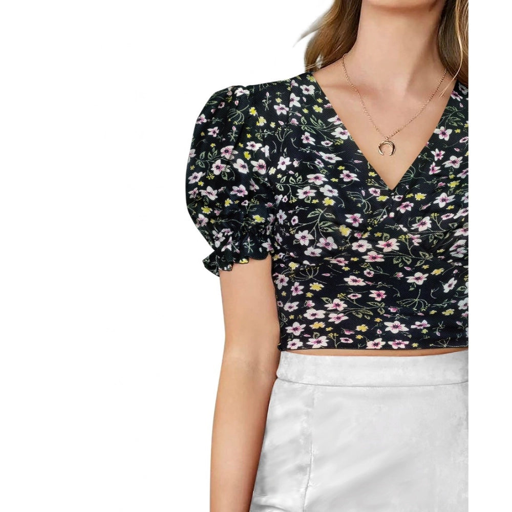 Clothiq Generic Knitting Printed V-Neck Puff Sleeve Tops (Black)