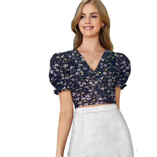 Clothiq Generic Knitting Printed V-Neck Puff Sleeve Tops (Navy Blue)