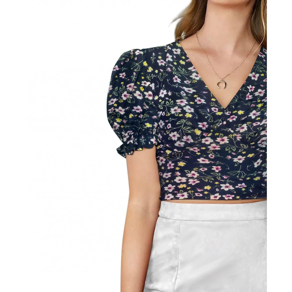 Clothiq Generic Knitting Printed V-Neck Puff Sleeve Tops (Navy Blue)