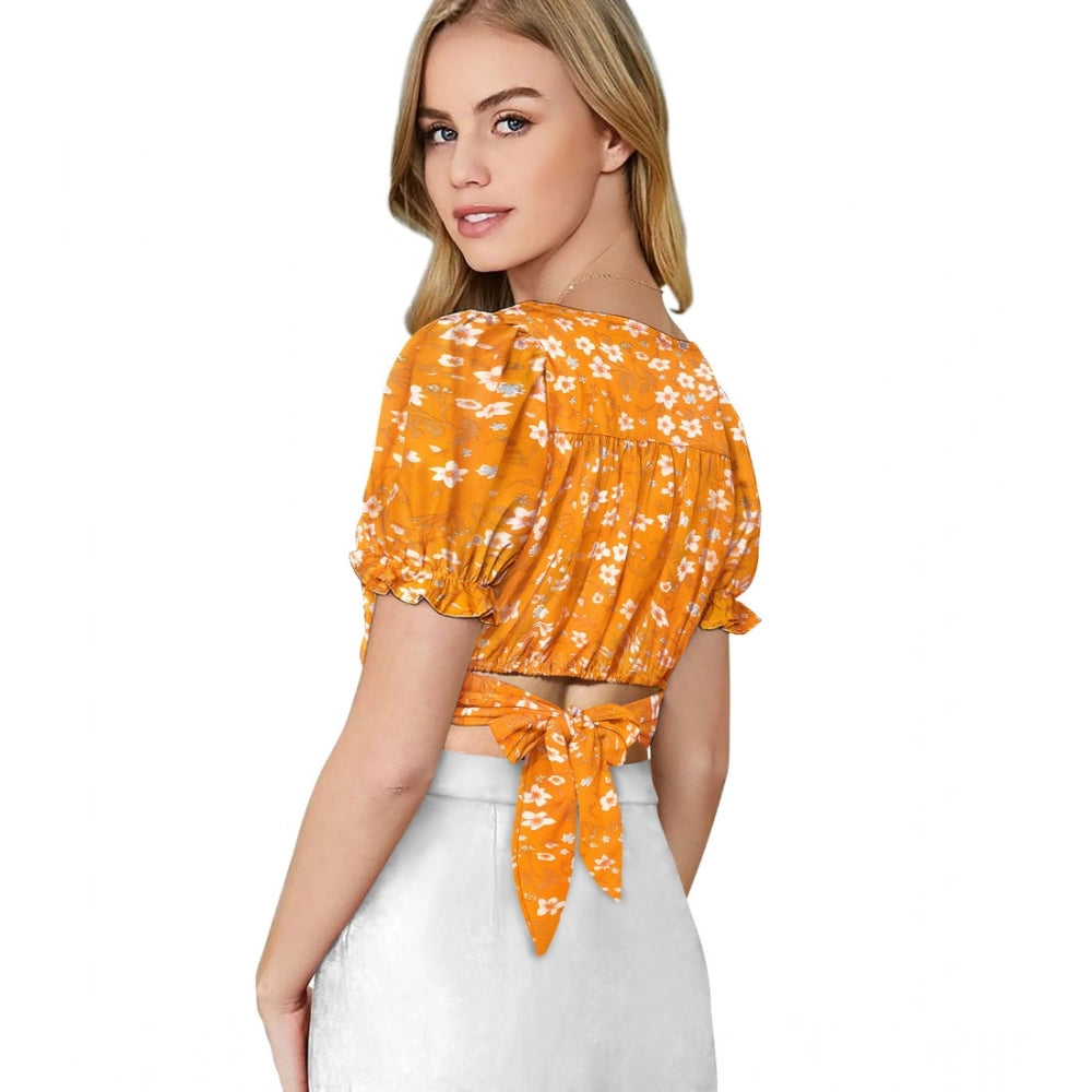 Clothiq Generic Knitting Printed V-Neck Puff Sleeve Tops (Yellow)