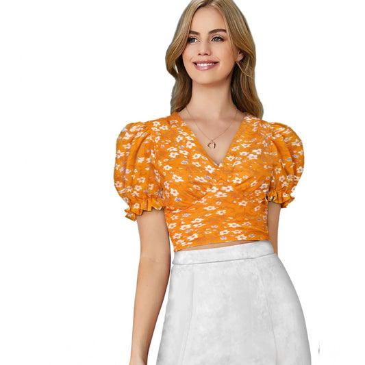 Clothiq Generic Knitting Printed V-Neck Puff Sleeve Tops (Yellow)