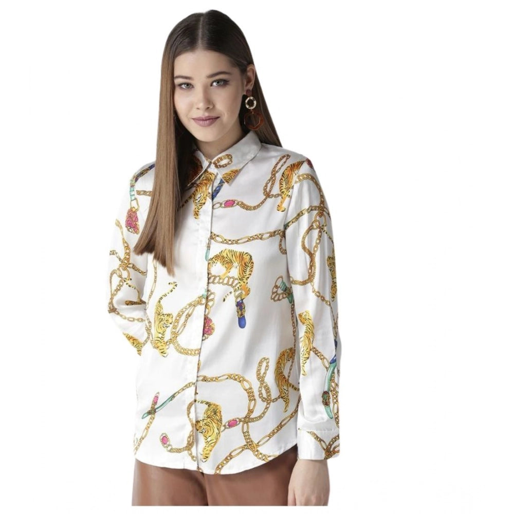 Clothiq Generic Satin Printed Long Sleeves Shirt (White-Gold)