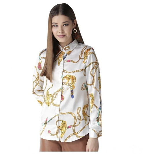 Clothiq Generic Satin Printed Long Sleeves Shirt (White-Gold)