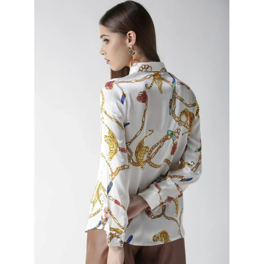 Clothiq Generic Satin Printed Long Sleeves Shirt (White-Gold)