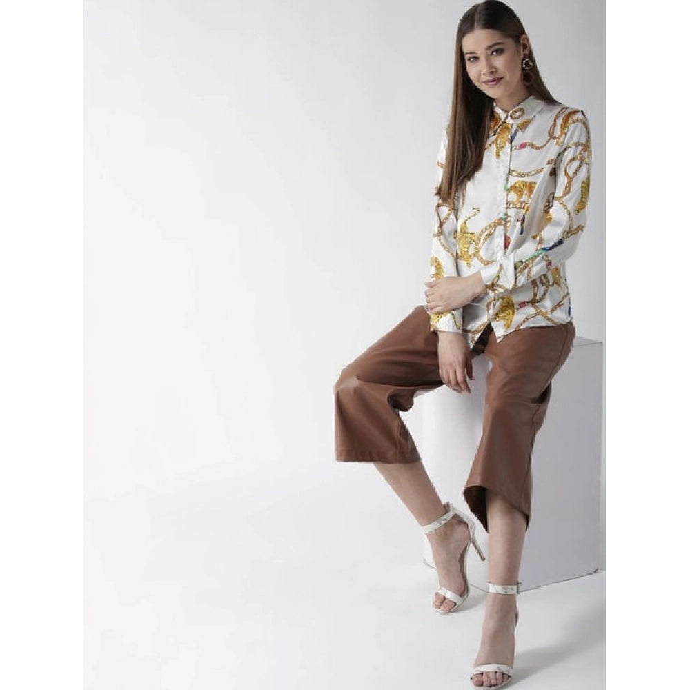 Clothiq Generic Satin Printed Long Sleeves Shirt (White-Gold)