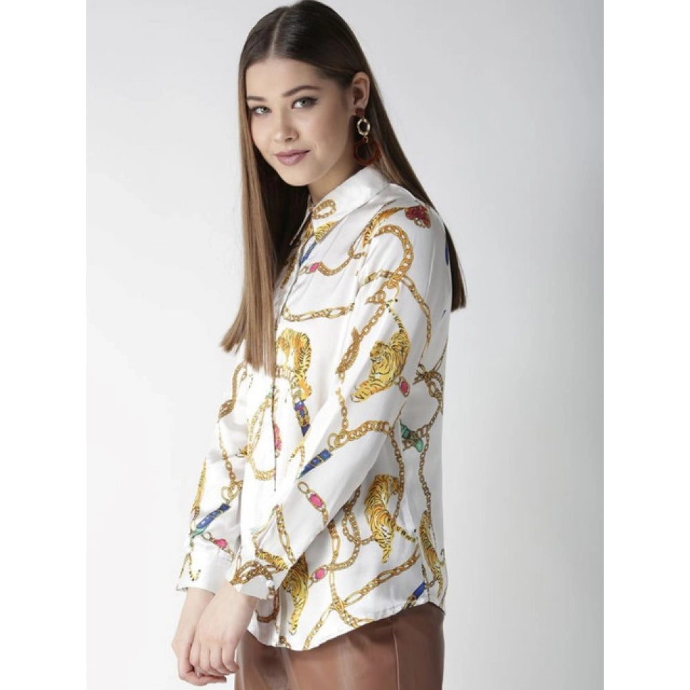 Clothiq Generic Satin Printed Long Sleeves Shirt (White-Gold)