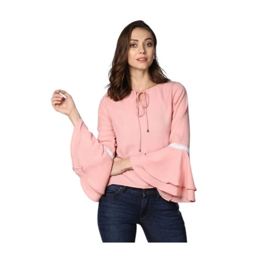 Clothiq Generic Polyester Solid Bell Sleeve Top (Pink)