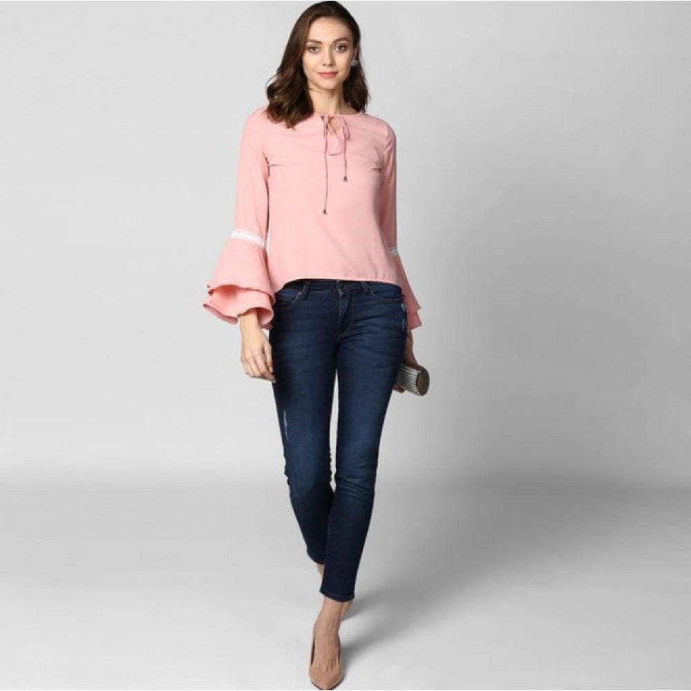 Clothiq Generic Polyester Solid Bell Sleeve Top (Pink)