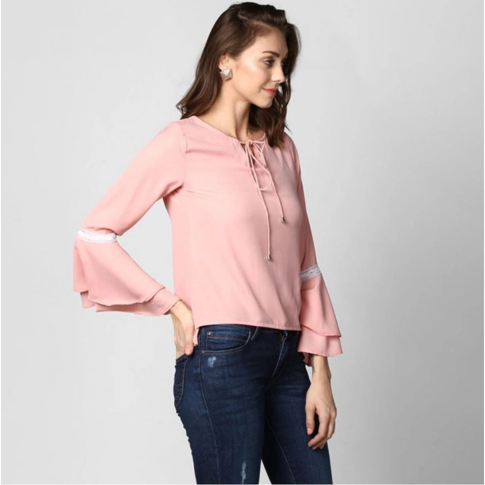 Clothiq Generic Polyester Solid Bell Sleeve Top (Pink)