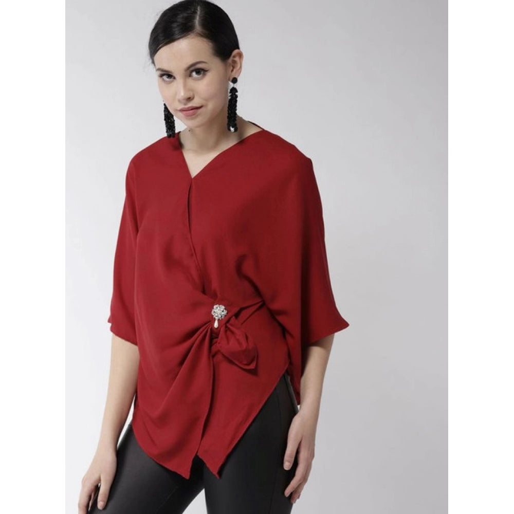 Clothiq Generic Polyester Solid Cape Sleeve Top (Red)