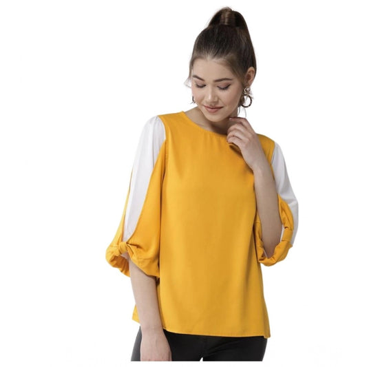 Clothiq Generic Polyester Colour Block Slit Sleeve Top (Yellow-White)