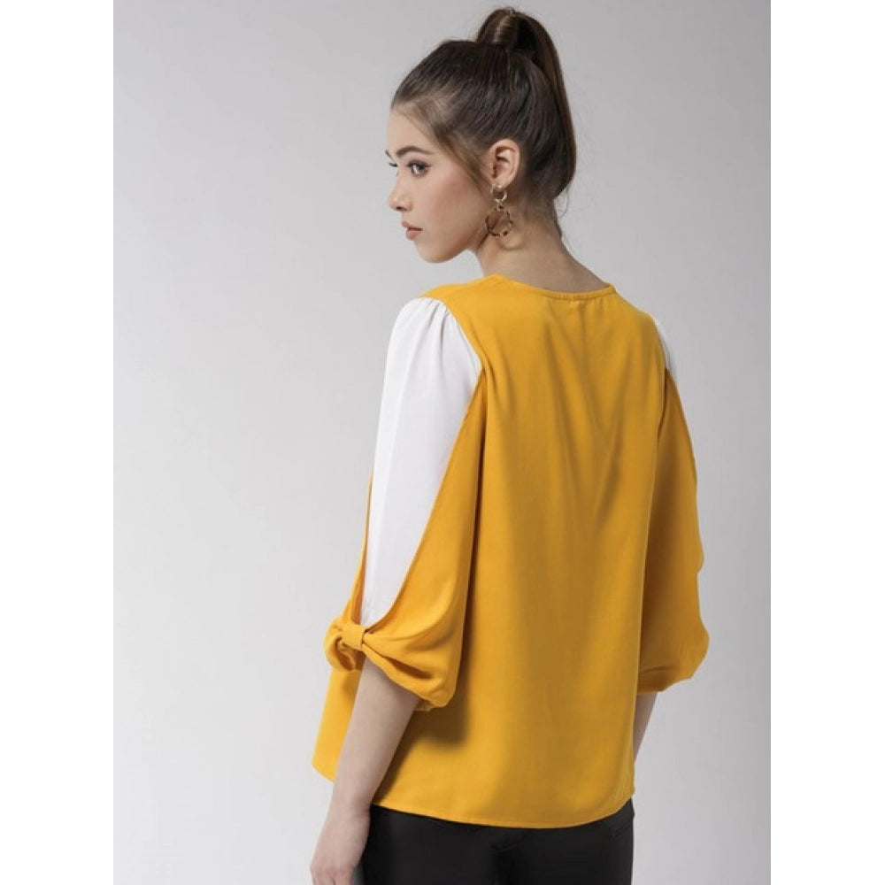 Clothiq Generic Polyester Colour Block Slit Sleeve Top (Yellow-White)