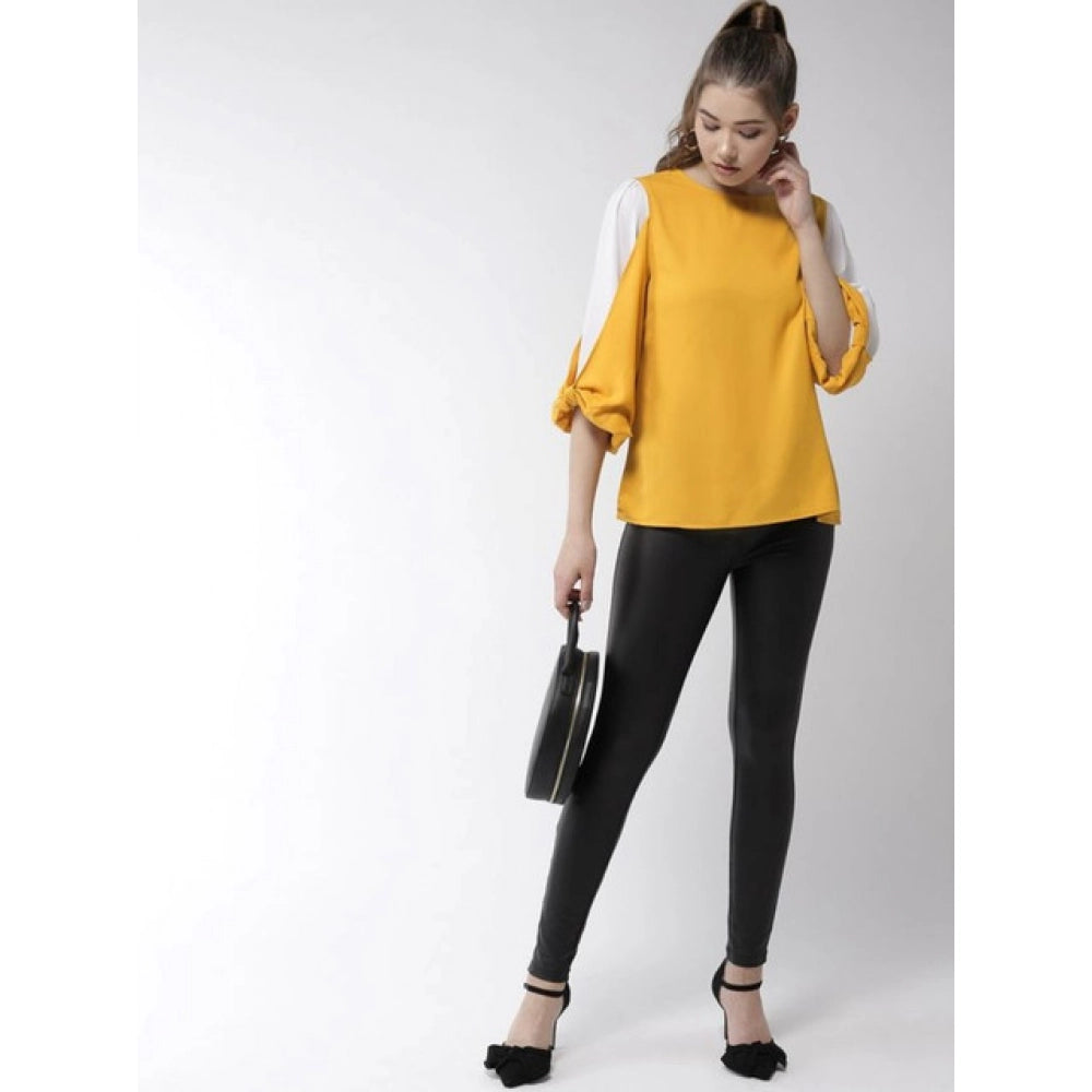 Clothiq Generic Polyester Colour Block Slit Sleeve Top (Yellow-White)