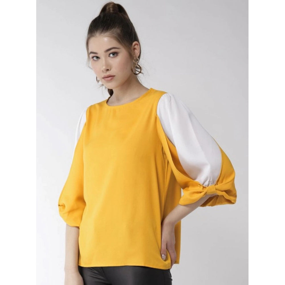 Clothiq Generic Polyester Colour Block Slit Sleeve Top (Yellow-White)
