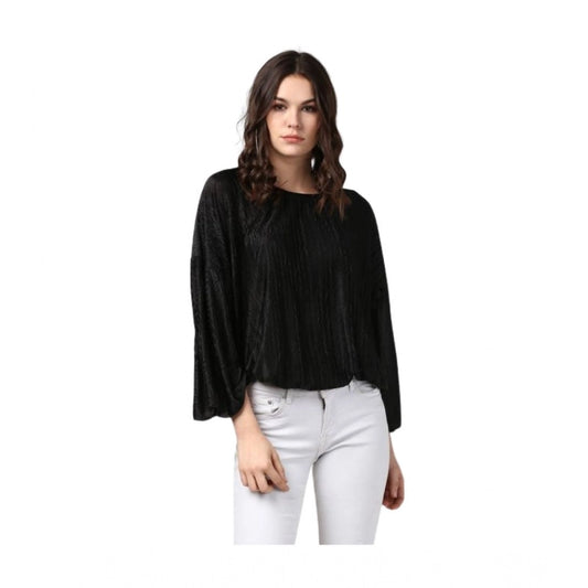 Clothiq Generic Polyester Pleated Balloon Sleeve Top (Black)