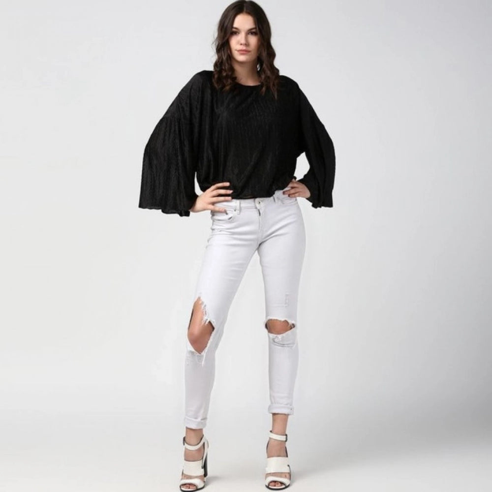 Clothiq Generic Polyester Pleated Balloon Sleeve Top (Black)