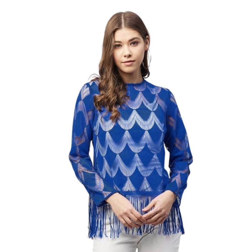 Clothiq Generic Lace Self Design Long Sleeves Top (Blue)
