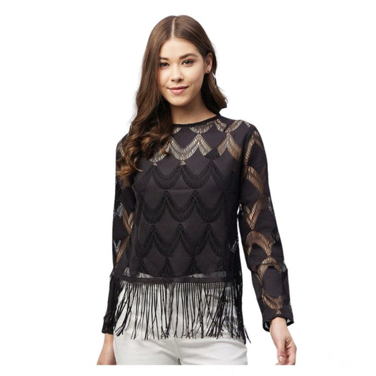 Clothiq Generic Lace Self Design Short Sleeve Top (Black)