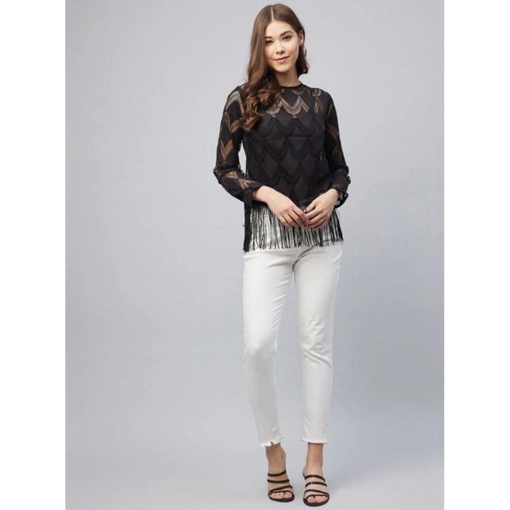 Clothiq Generic Lace Self Design Short Sleeve Top (Black)