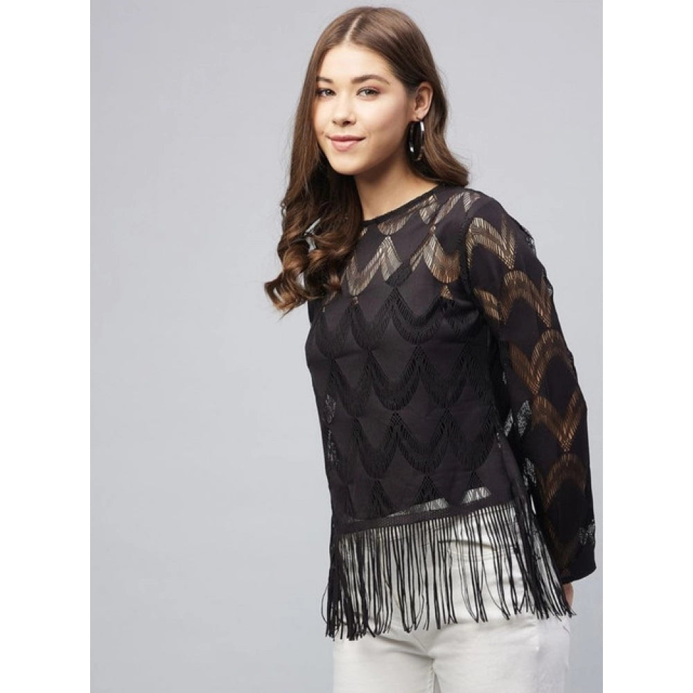 Clothiq Generic Lace Self Design Short Sleeve Top (Black)