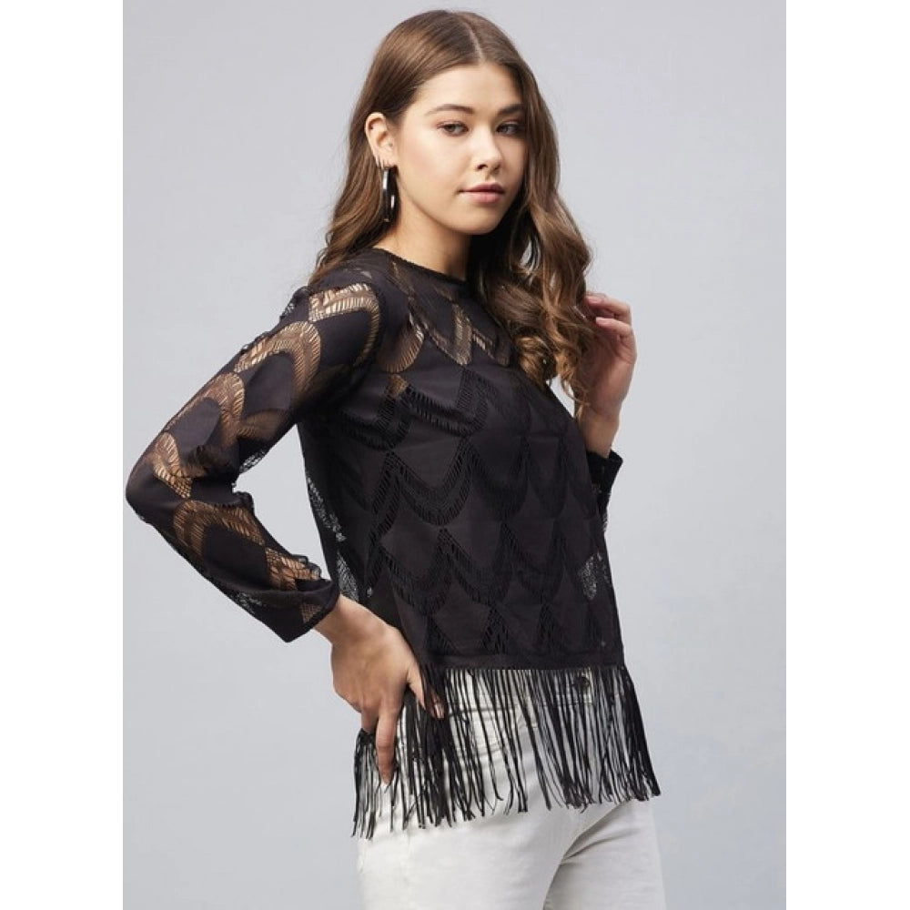 Clothiq Generic Lace Self Design Short Sleeve Top (Black)
