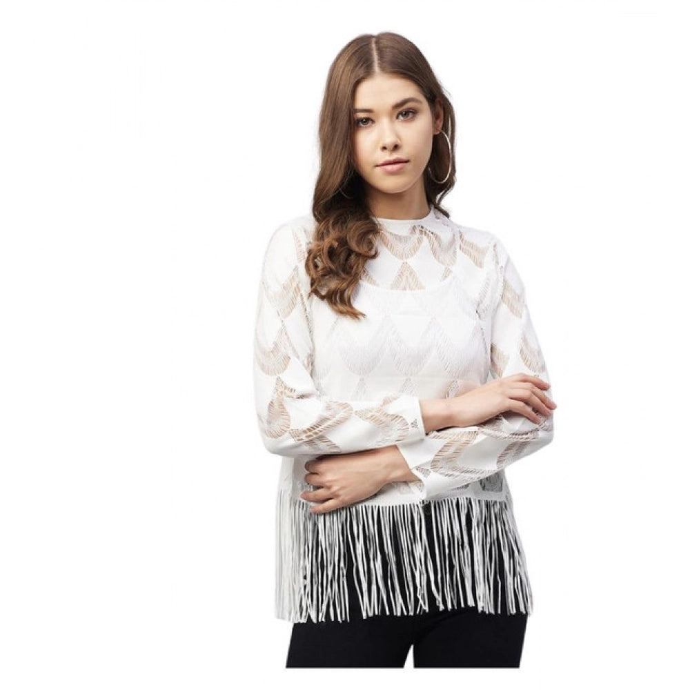 Clothiq Generic Lace Self Design Short Sleeve Top (White)