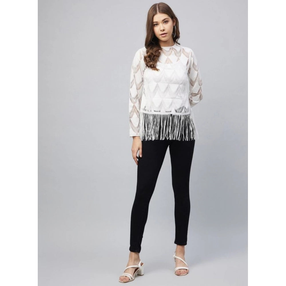 Clothiq Generic Lace Self Design Short Sleeve Top (White)