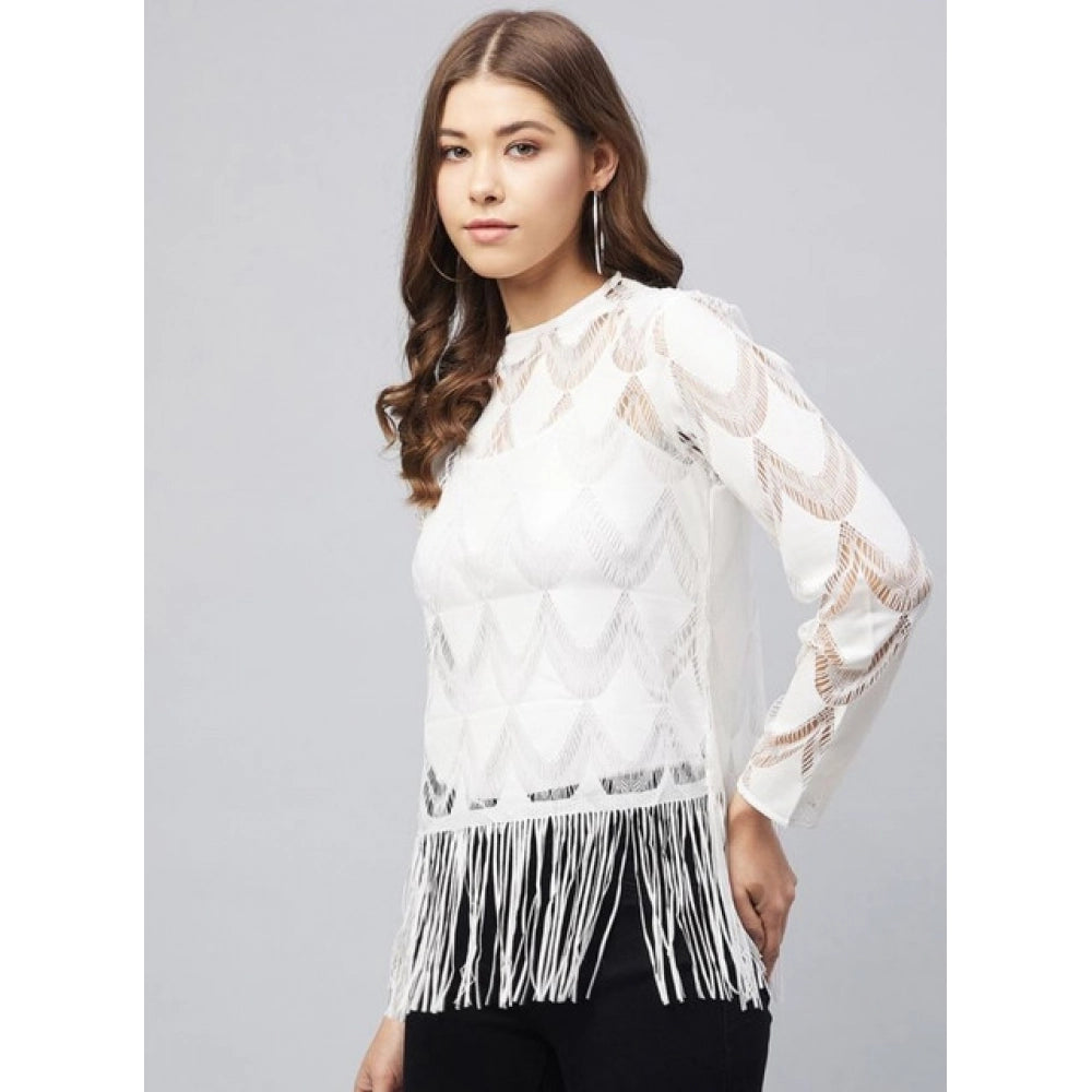 Clothiq Generic Lace Self Design Short Sleeve Top (White)