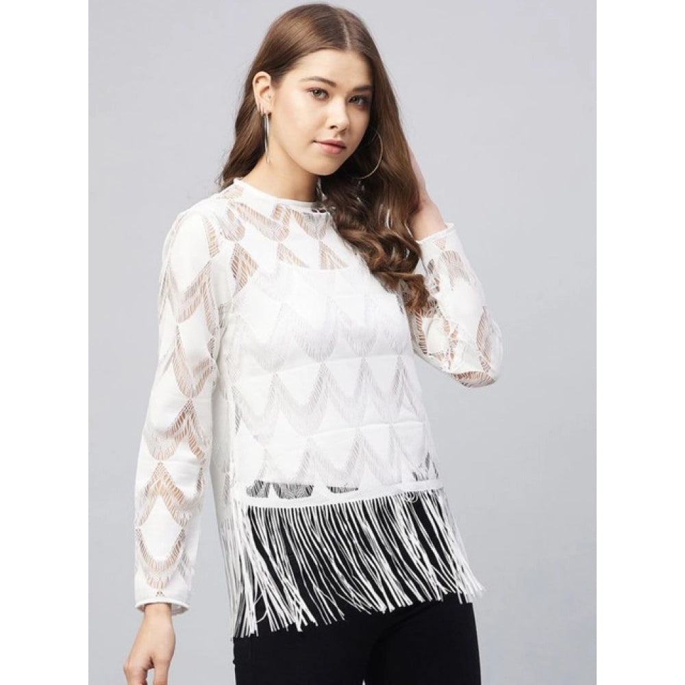 Clothiq Generic Lace Self Design Short Sleeve Top (White)