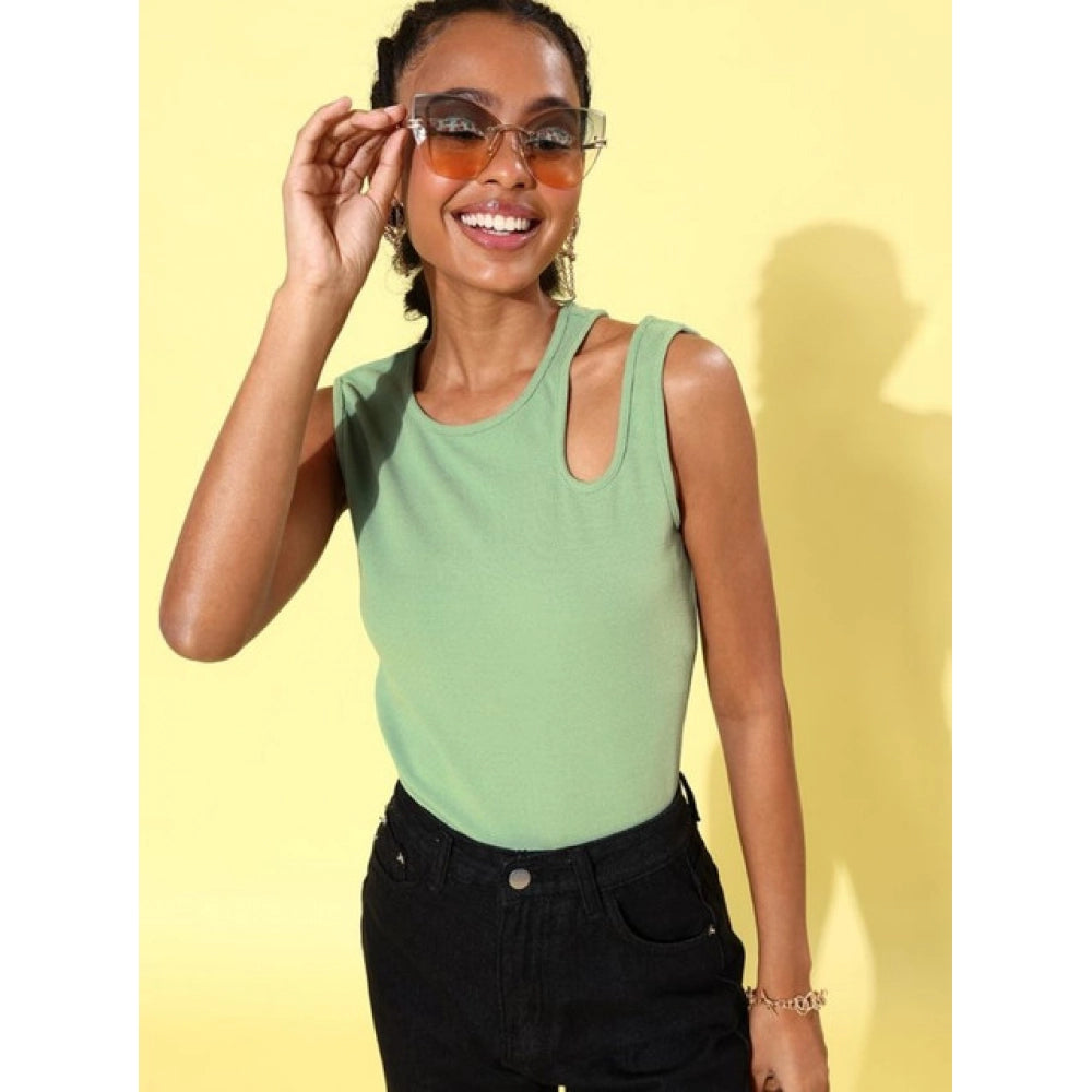 Clothiq Generic Polyester Lycra Solid Sleeveless Top (Green)