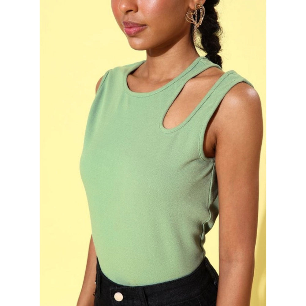Clothiq Generic Polyester Lycra Solid Sleeveless Top (Green)