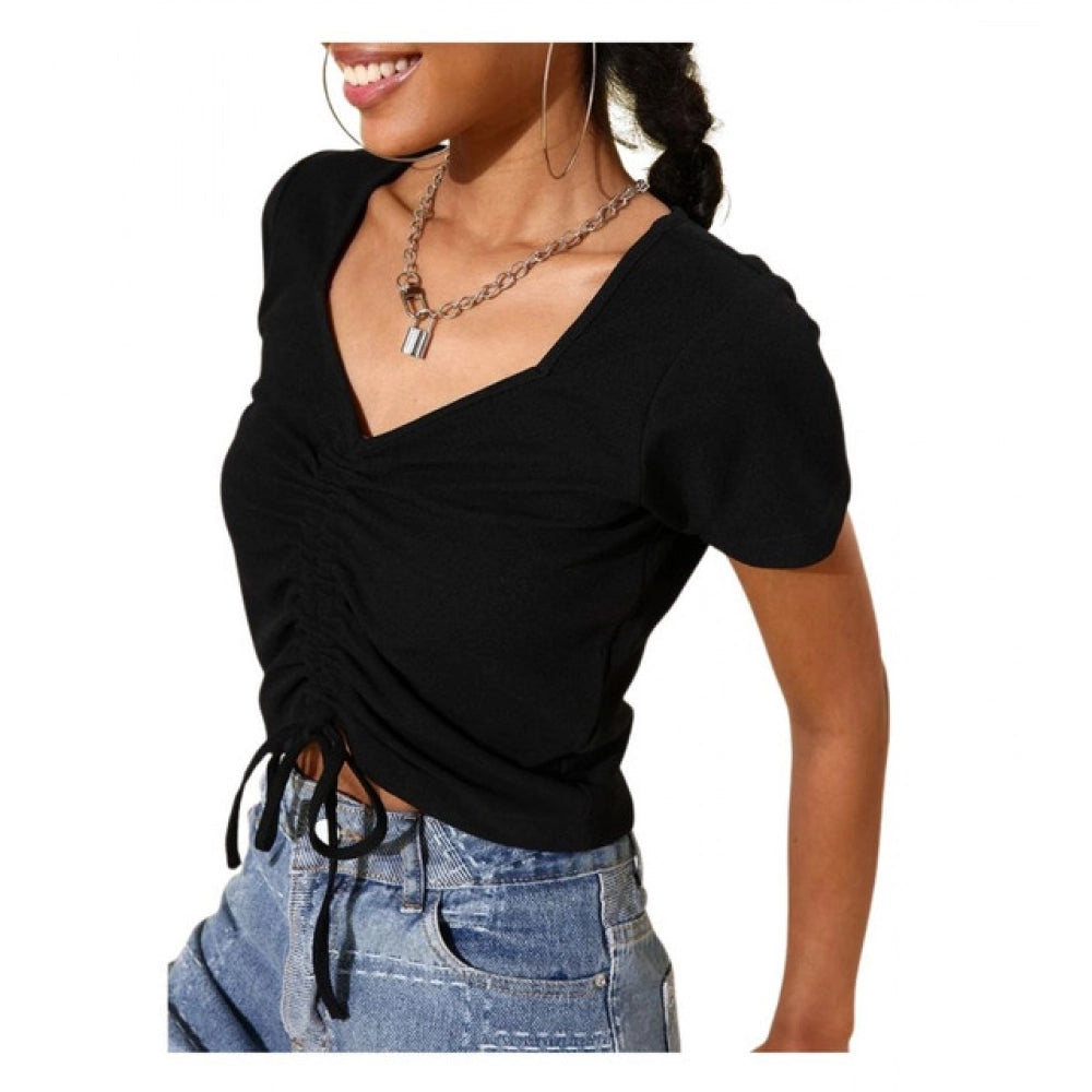 Clothiq Generic Polyester Lycra Solid Short Sleeve Top (Black)