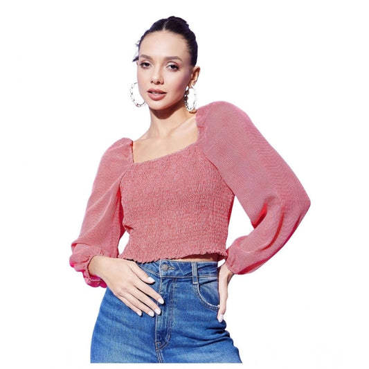 Clothiq Generic Polyester Floral Long Sleeves Top (Red)