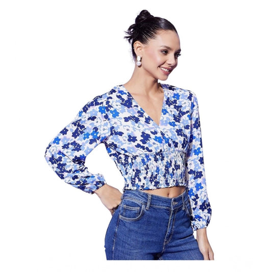 Clothiq Generic Polyester Floral Long Sleeves Top (Blue)