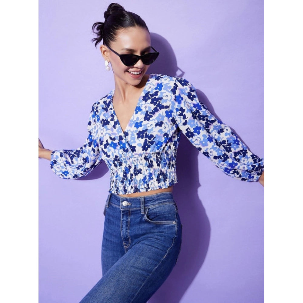 Clothiq Generic Polyester Floral Long Sleeves Top (Blue)