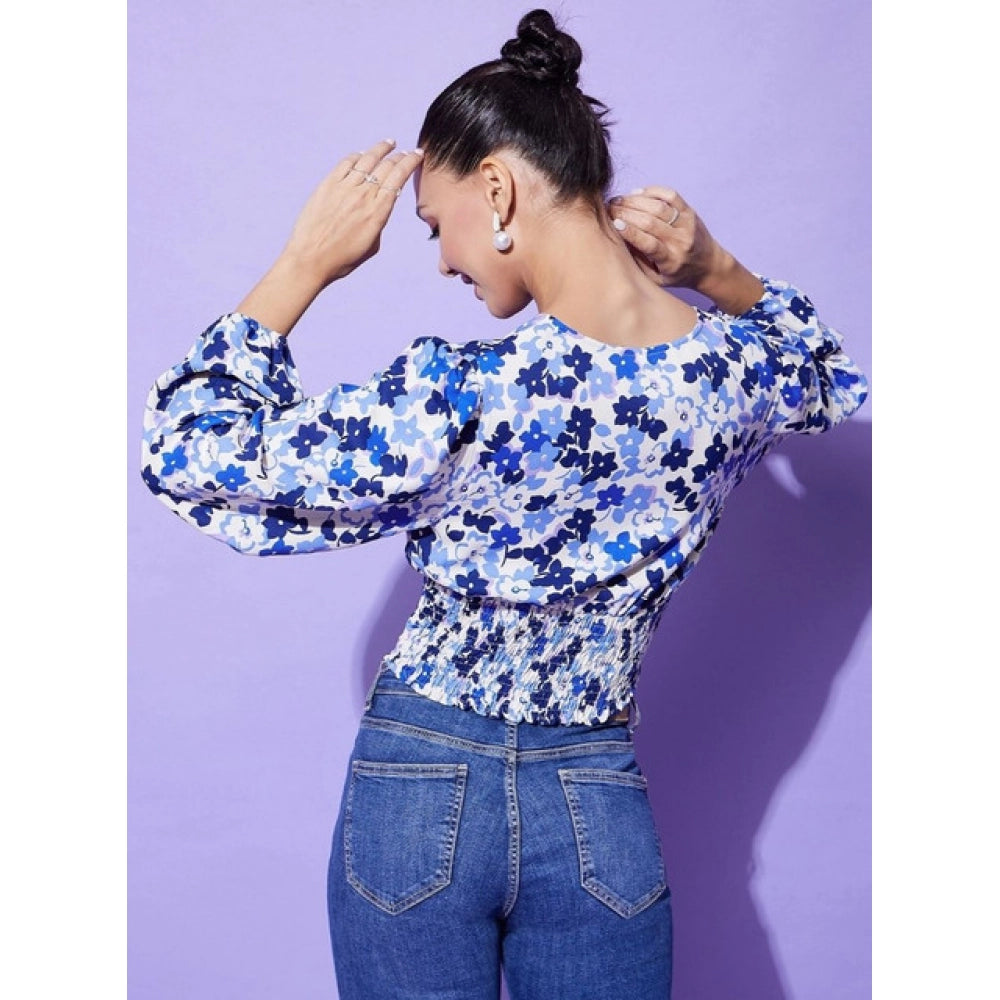 Clothiq Generic Polyester Floral Long Sleeves Top (Blue)