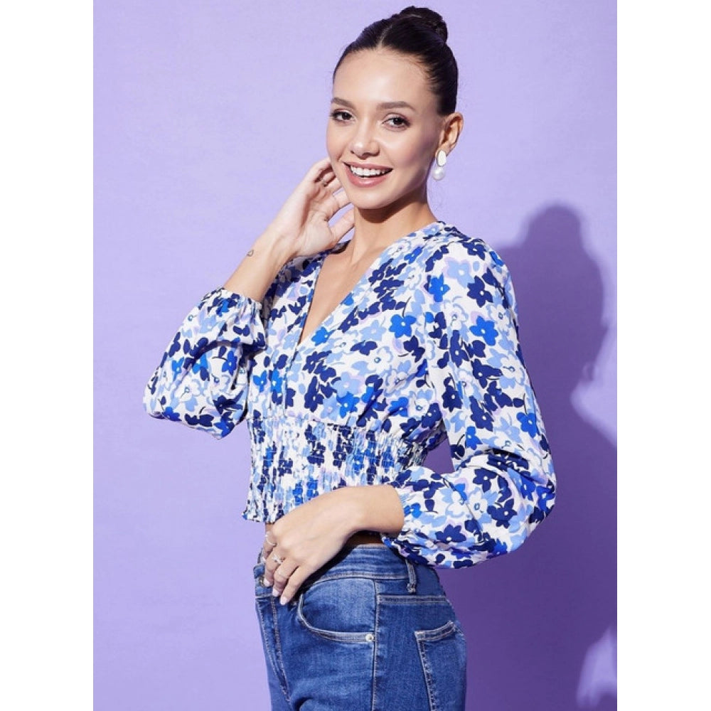 Clothiq Generic Polyester Floral Long Sleeves Top (Blue)