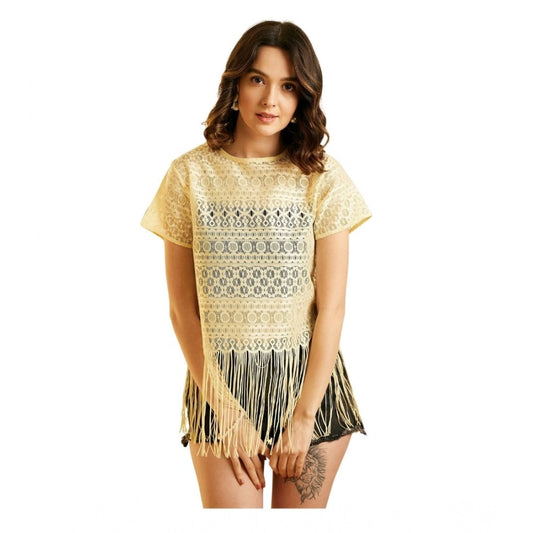 Clothiq Generic Polyester Lace Self Design Short Sleeve Top (Yellow)