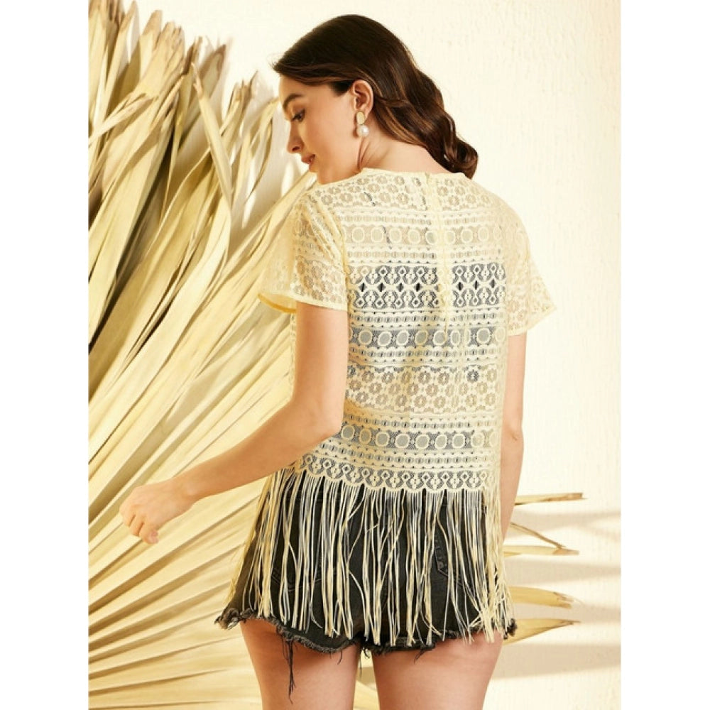 Clothiq Generic Polyester Lace Self Design Short Sleeve Top (Yellow)