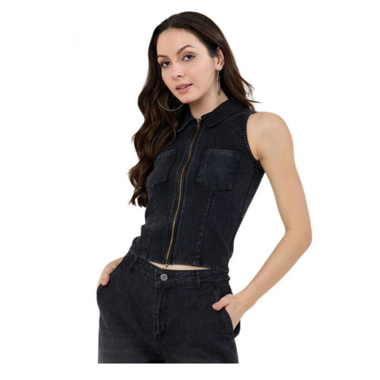 Clothiq Generic Denim Lycra Solid Sleeveless Top (Black)