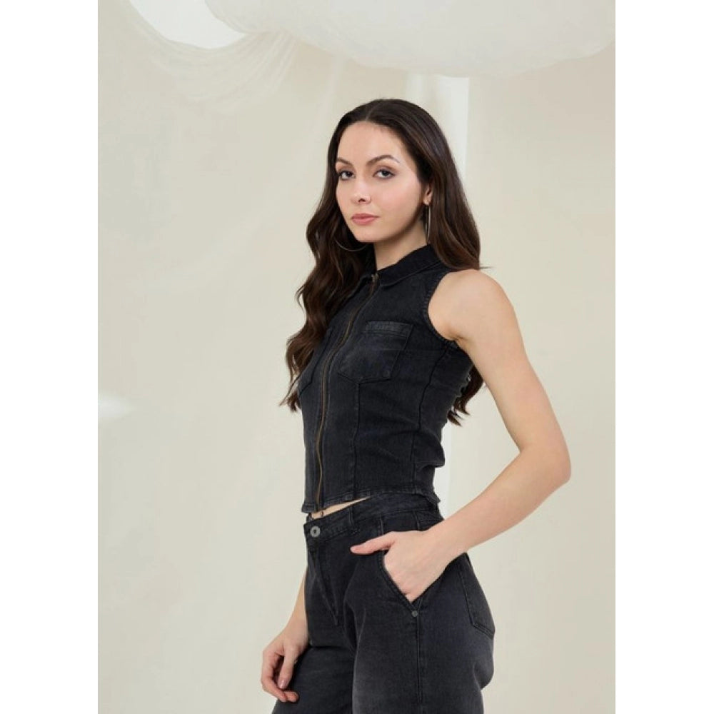 Clothiq Generic Denim Lycra Solid Sleeveless Top (Black)