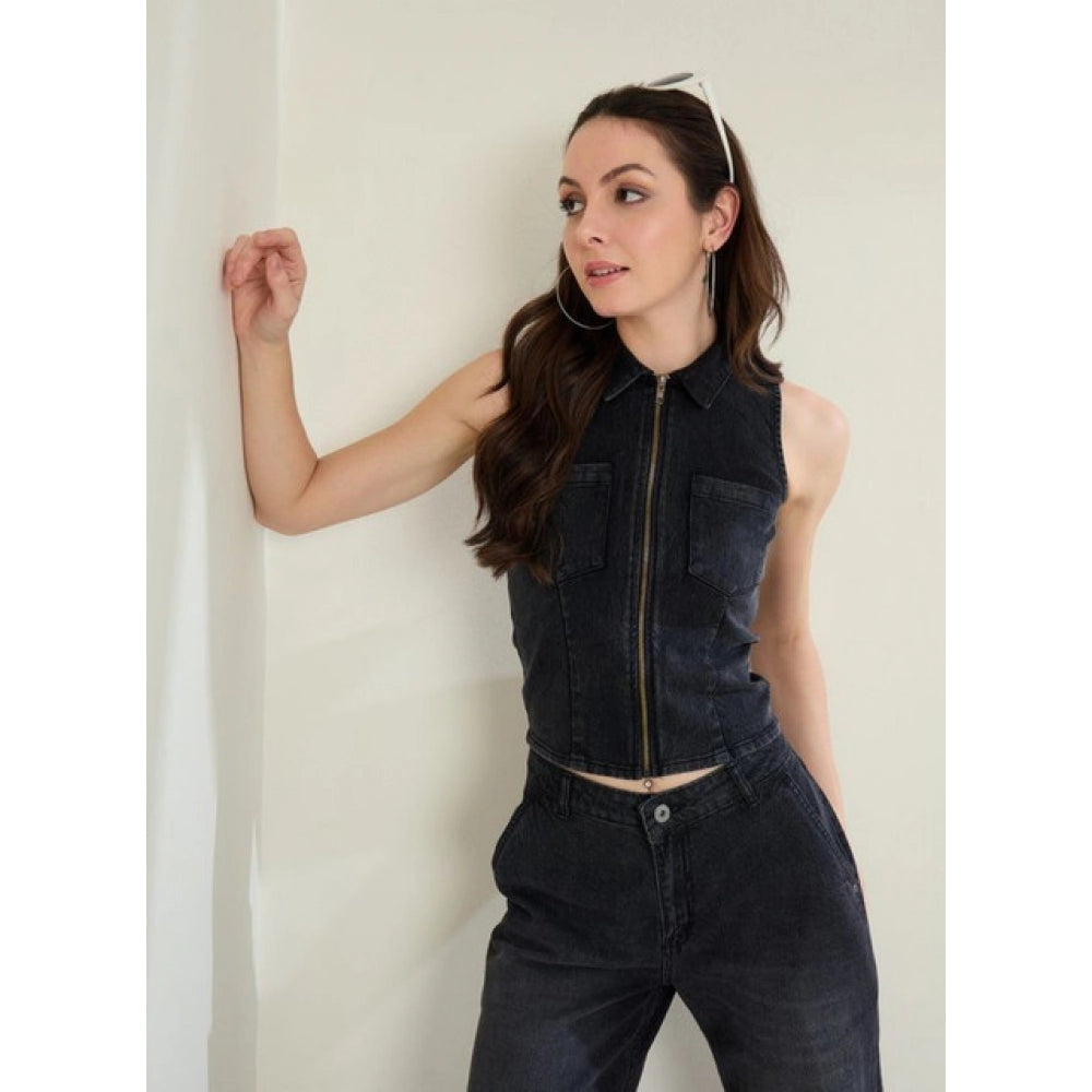 Clothiq Generic Denim Lycra Solid Sleeveless Top (Black)